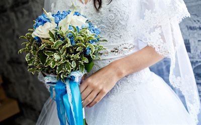 Wedding bouquet, bride, hydrangea, wedding, beautiful bouquet, white wedding dress