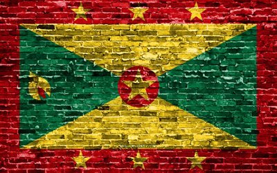 4k, Grenada bayrağı, tuğla doku, Kuzey Amerika, ulusal semboller, Grenada Bayrağı, brickwall, Grenada 3D bayrak, Kuzey Amerika &#252;lkeleri, Grenada