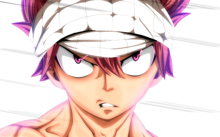 Natsu Dragneel, close-up, Team Natsu, manga, protagonist, Fairy Tail, boy with purple eyes