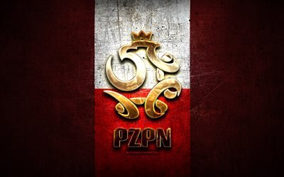 Poland National Football Team, golden logo, Europe, UEFA, red metal background, Polish football team, soccer, PZPN logo, football, Poland