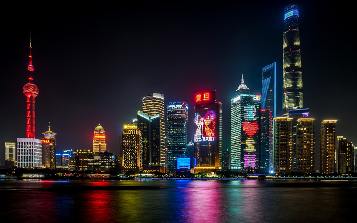 Shanghai, gece şehir, Huangpu Nehri, şehir, g&#246;kdelenler, TV Kulesi, &#199;in, Asya