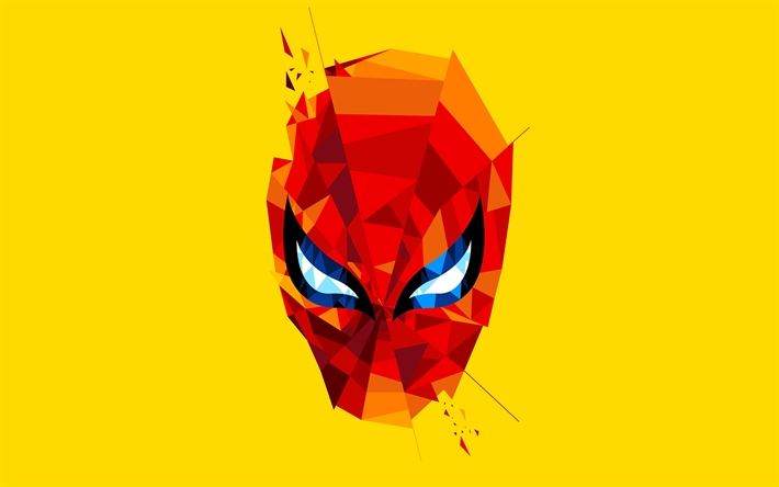 4k, Spiderman mask, minimal, Spider-Man, &#228;ventyr, superhj&#228;ltar, Spiderman, gul bakgrund, Spiderman 4K