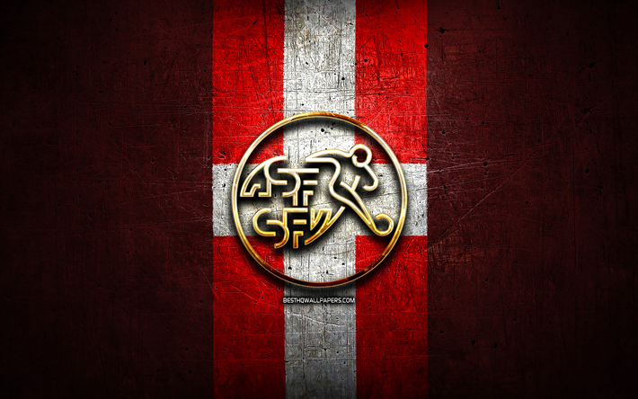 Sveitsin Jalkapallomaajoukkue, kultainen logo, Euroopassa, UEFA, punainen metalli tausta, Sveitsin jalkapallomaajoukkue, jalkapallo, SFA-logo, Sveitsi