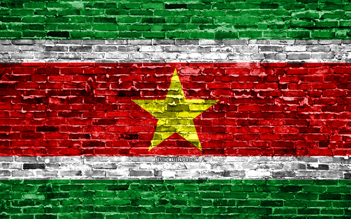 4k, Surinamese bandiera, mattoni texture, Sud America, simboli nazionali, Bandiera del Suriname, brickwall, Suriname 3D bandiera, paesi del Sud america, Suriname