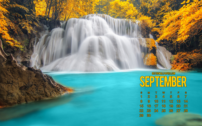 September 2019 Calendar, waterfall, lake, autumn, Thailand, Calendar for September 2019, autumn landscape, 2019 calendars