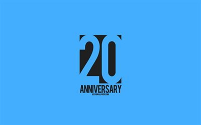 20th Anniversary sign, minimalism style, blue background, creative art, 20 years anniversary, typography, 20th Anniversary
