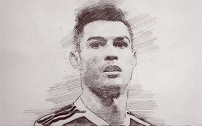 Cristiano Ronaldo, CR7, portr&#228;tt, blyertsteckning, m&#229;lade portr&#228;tt, Portugisiska fotbollsspelare, Juventus FC, fotboll stj&#228;rna, fotboll