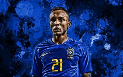 Everton Sousa Soares, blu schizzi di vernice, Squadra Nazionale del Brasile, Cebolinha, calcio, Everton, calciatori, grunge, arte, squadra di calcio Brasiliana