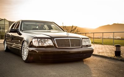mercedes-benz s500, w140, schwarz, limousine, vorderansicht, w140 lowrider, w140 tuning, s-klasse, deutsche autos