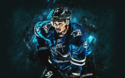 Evander Kane, San Jose Sharks, NHL, jugador de hockey Canadiense, el delantero, estados UNIDOS, la piedra azul de fondo, retrato, hockey