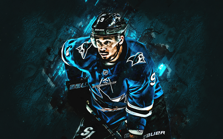 Evander Kane, San Jose Sharks, NHL, giocatore di hockey Canadese, attaccante, USA, pietra blu di sfondo, portrait, hockey