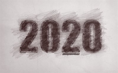 2020 conceptos, dibujo a l&#225;piz, 2020 de A&#241;o Nuevo, de papel de fondo, feliz nuevo a&#241;o 2020, n&#250;meros sorteados