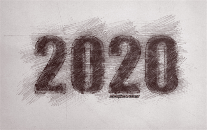 2020 concepts, pencil drawing, 2020 New Year, paper background, happy new year 2020, drawn numbers