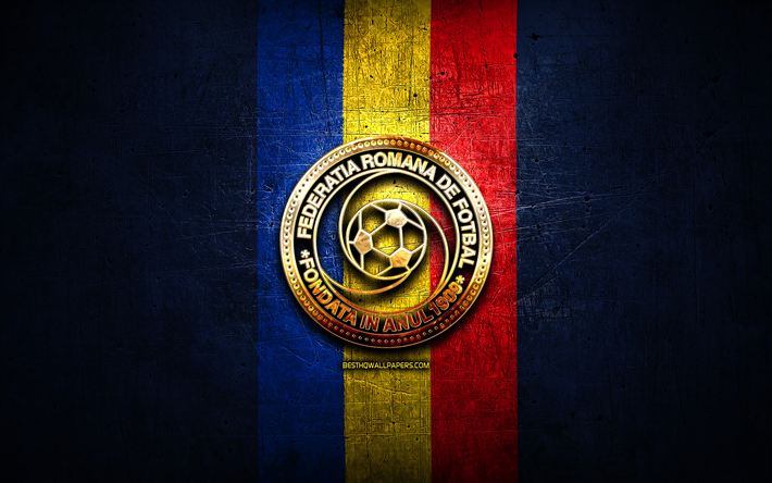 Romanian Jalkapallomaajoukkue, kultainen logo, Euroopassa, UEFA, sininen metalli tausta, Romanian jalkapallomaajoukkue, jalkapallo, FRF-logo, Romania