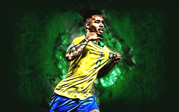 Gabriel Jesus, Brazil national football team, Brazilian footballer, portrait, green stone background, Brazil, football