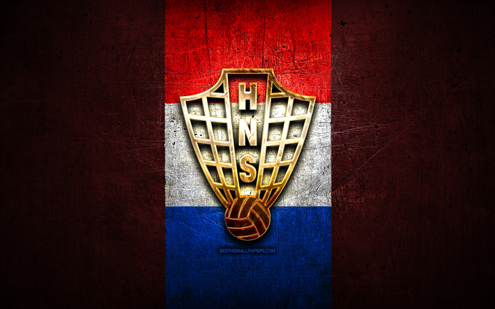 Croatia National Football Team, golden logo, Europe, UEFA, green metal background, Croatian football team, soccer, HNS logo, football, Croatia