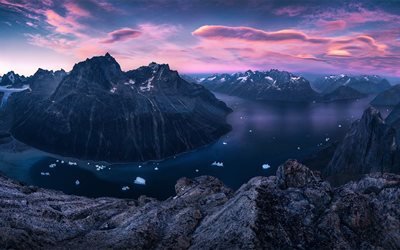 Groenlandia, fiordi, ghiacciai, natura, tramonto, montagne, baia