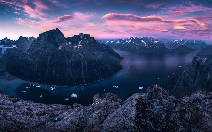 Groenlandia, fiordos, glaciares, la hermosa naturaleza, puesta de sol, las monta&#241;as, la bah&#237;a de