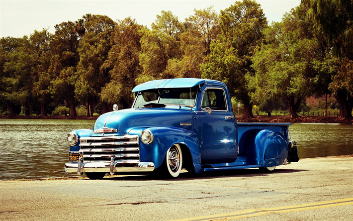 Chevrolet 3100, 1953, retro cars, lowrider, azul camioneta, coches americanos, Chevrolet