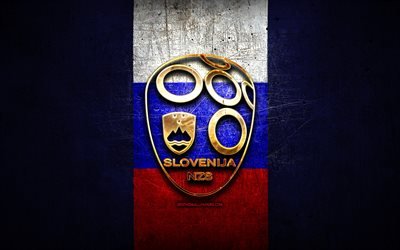 Slovenia National Football Team, golden logo, Europe, UEFA, blue metal background, Slovenian football team, soccer, SNZS logo, football, Slovenia