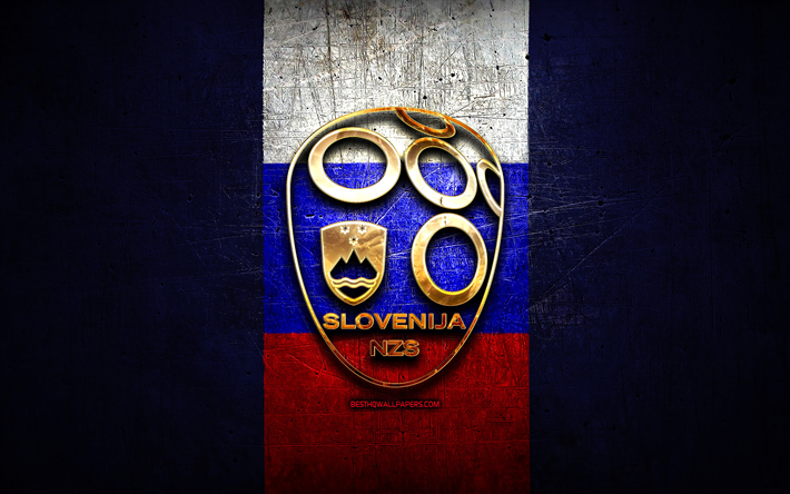 Slovenya Milli Futbol Takımı, altın logosu, Avrupa, UEFA, mavi metal arka plan, Slovenya futbol takımı, futbol, SNZS logo, Slovenya