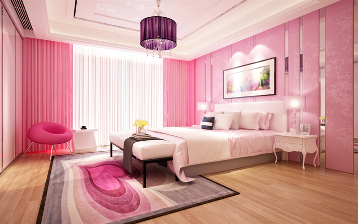 quarto, elegante design interior moderno, Design de quarto cor-de-rosa, interior moderno, quarto id&#233;ias em cor-de-rosa