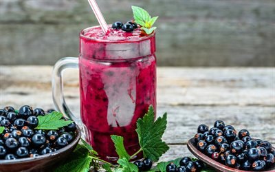 currant smoothies, 4k, berries, fruits, breakfast, smoothie in glassful, healthy food, fruit smoothies, smoothies with currant