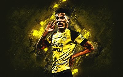 Jadon Sancho, Borussia Dortmund, BVB, English football player, portrait, yellow stone background, Bundesliga, Germany, football