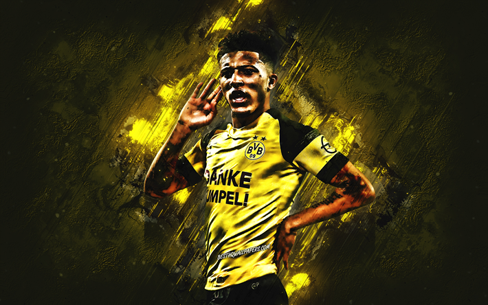 Jadon Sancho, Borussia Dortmund BVB, İngiliz futbol oyuncusu, portre, sarı taş arka plan, Bundesliga, Almanya, futbol
