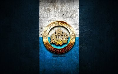 San Marinon Jalkapallomaajoukkueen, kultainen logo, Euroopassa, UEFA, sininen metalli tausta, San Marinon jalkapallon joukkue, jalkapallo, FSGC logo, San Marino