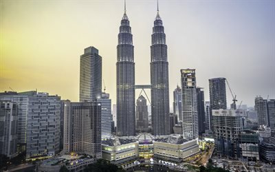 Kuala Lumpur, Torres Petronas, arranha-c&#233;us, manh&#227;, nascer do sol, paisagem urbana, Mal&#225;sia