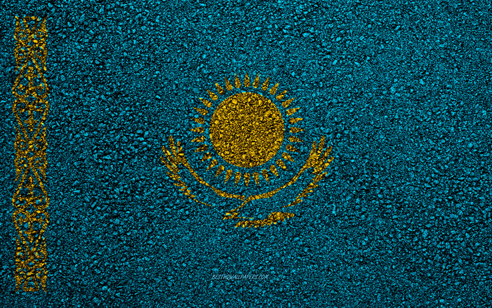 Bandeira do Cazaquist&#227;o, a textura do asfalto, sinalizador no asfalto, Cazaquist&#227;o bandeira, Europa, Cazaquist&#227;o, bandeiras de pa&#237;ses europeus