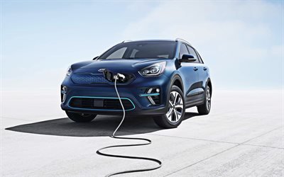 Kia Niro EV, 2020, exterior, front view, new blue Niro EV, electric vehicle charging, Kia