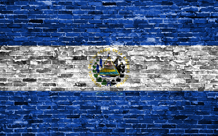 4k, Salvadorlu bayrağı, tuğla doku, Kuzey Amerika, ulusal semboller, El Salvador Bayrağı, brickwall, El Salvador 3D bayrak, Kuzey Amerika &#252;lkeleri, El Salvador