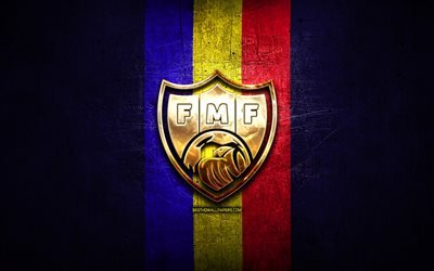 Moldova National Football Team, golden logo, Europe, UEFA, blue metal background, Moldavian football team, soccer, MFF logo, football, Moldova