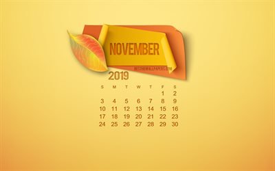 2019 november-kalender, gelber hintergrund, herbst, bl&#228;tter, konzepte, 2019 kalender, november, papier-elementen, november 2019 kalender