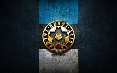 Estonia National Football Team, golden logo, Europe, UEFA, blue metal background, Estonian football team, soccer, EFA logo, football, Estonia