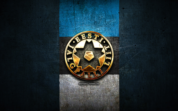 Viron Jalkapallomaajoukkue, kultainen logo, Euroopassa, UEFA, sininen metalli tausta, Viron jalkapallo joukkue, jalkapallo, ALE-logo, Viro