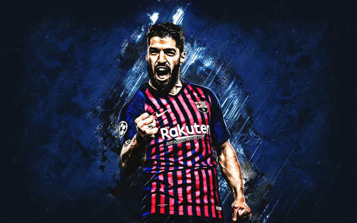 Luis Suarez, portrait, Barcelona FC, Uruguayan soccer player, striker, blue art background, La Liga, Spain, Catalonia, football