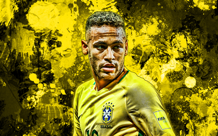 Neymar JR, yellow paint splashes, Brazil national football team, football stars, grunge art, Neymar da Silva Santos Junior, soccer, Neymar, Brazilian National Team, creative