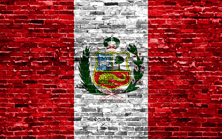 4k, Peruvian flag, bricks texture, South America, national symbols, Flag of Peru, brickwall, Peru 3D flag, South American countries, Peru