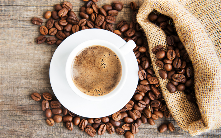 コーヒー, 白いカップ, トップビュー, コーヒーの概念, コーヒー粒, バッグコーヒー豆