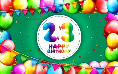Feliz 23 cumplea&#241;os, 4k, colorido globo marco, Fiesta de Cumplea&#241;os, fondo azul, alegre, de 23 A&#241;os, Cumplea&#241;os, creativo, 23 de cumplea&#241;os, el Cumplea&#241;os concepto, 23 de Fiesta de Cumplea&#241;os