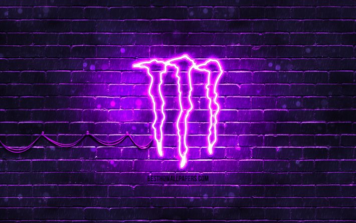 Monster Energy violet logo, 4k, violet brickwall, Monster Energy logo, drinks brands, Monster Energy neon logo, Monster Energy