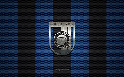 Queretaro FC logo, Mexican football club, metal emblem, blue black metal mesh background, Queretaro FC, Liga MX, Santiago de Queretaro, Mexico, football