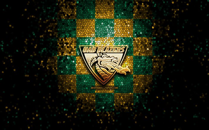 UAB Blazers, glitter logo, NCAA, green yellow checkered background, USA, american football team, UAB Blazers logo, mosaic art, american football, America