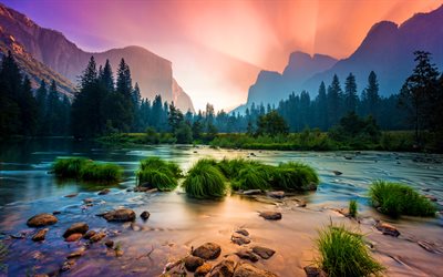 4k, Yosemite National Park, sunset, mountains, summer, Sierra Nevada, fog, California, USA, beautiful nature, american landmarks, America
