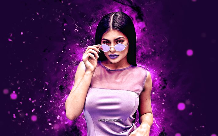 Download wallpapers Kylie Jenner, violet neon lights, 4K, Hollywood ...