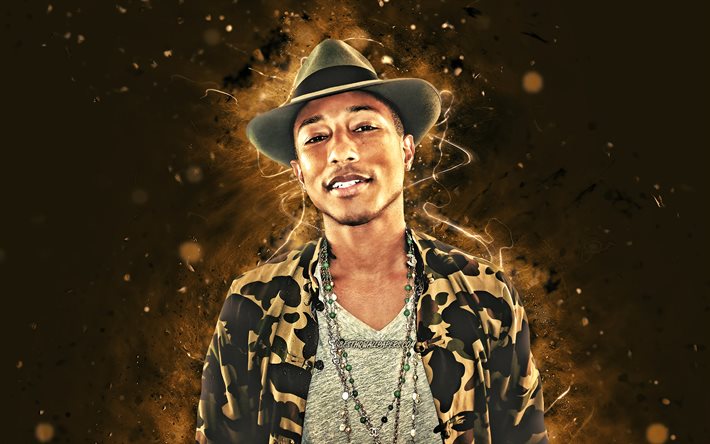 Pharrell Williams, 4K, ruskea neon valot, amerikkalainen laulaja, musiikin t&#228;hdet, Pharrell Williams Lanscilo, amerikkalainen julkkis, supert&#228;hti&#228;, Pharrell Williams 4K