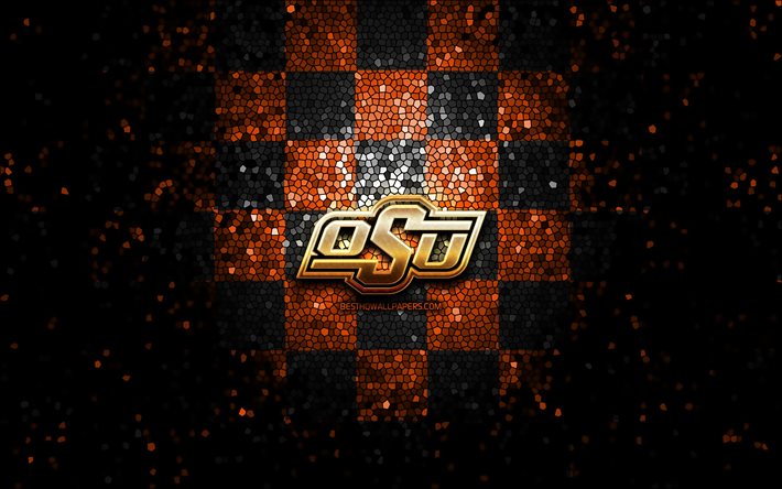 Oklahoma State Cowboys, glitter-logo, NCAA, oranssi ruskea ruudullinen tausta, USA, amerikkalainen jalkapallo joukkue, Oklahoma State Cowboys-logo, mosaiikki taidetta, amerikkalainen jalkapallo, Amerikassa